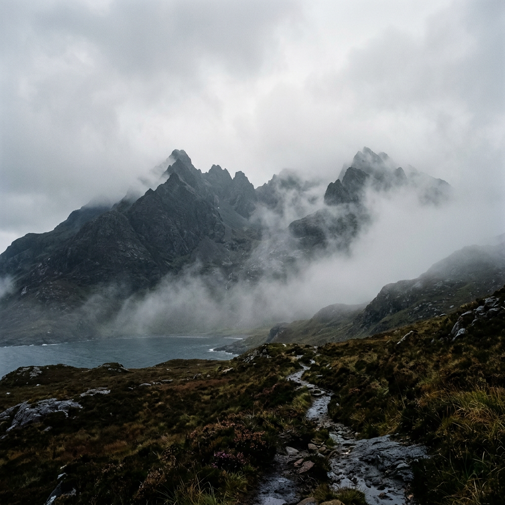 Path through rocky landscape with fog and sharp mountain peaks